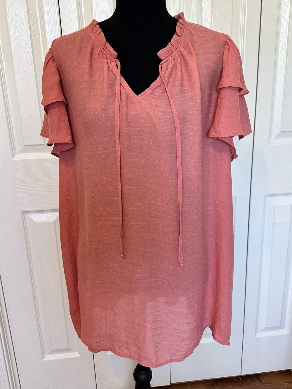 PerSeption Women’s 2X Blouse Dusty Rose Boho Tie Neck Flutter Sleeve